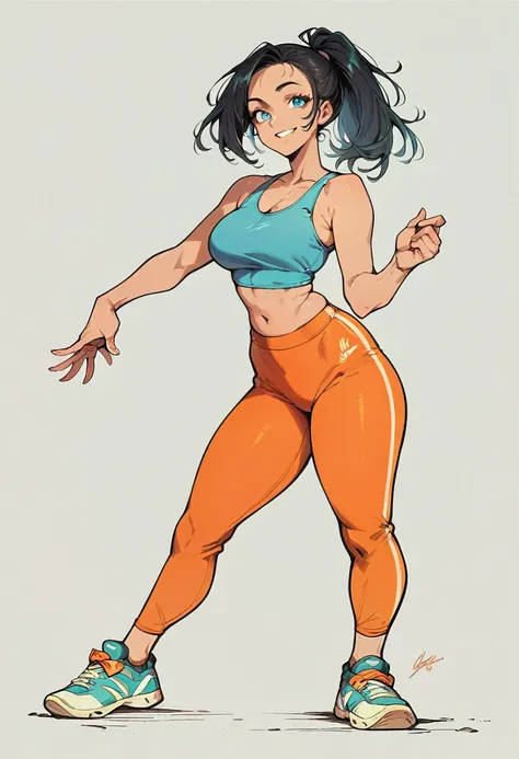 Score_9, Score_8_up, Score_7_up, 1 girl, black hair, blue eyes, curvy figure, smile, blue tank top, orange yoga pants, belly button, big bust, sneakers, standing, simple background, White background,