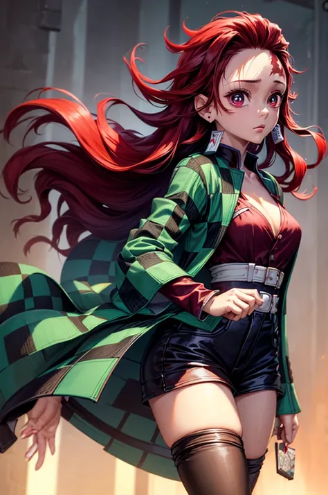 (masterpiece), best quality, expressive eyes, perfect face, highres, (female1.5), 1 girl, solo,(Tanjiro), (OriginalOutfit), (Scar,Scar on forehead, Checkered Clothes, 1Girl, Red Hair), (long red hair),(black and green plaid coat),(black pants), fantasy bac...