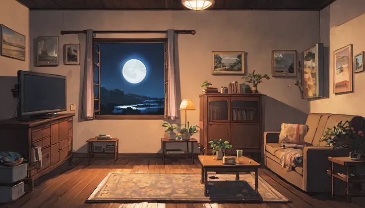 living room、Erica watching a movie、moonlight、Old furniture