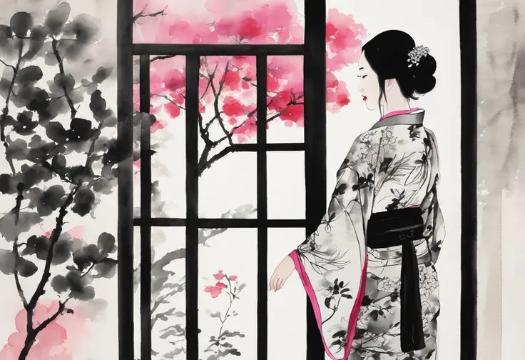 Chinese ink painting,ink and watercolor painting.A woman is standing in the room. There is a shadow of a tree on the wall. The woman has long black hair and is wearing a floral kimono. Next to her is a rose bush with pink flowers.Minimalist, black and whit...