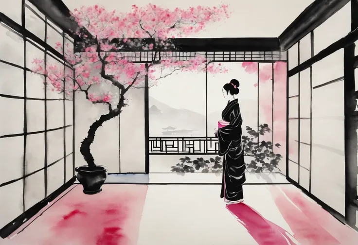 Chinese ink painting,ink and watercolor painting.A woman is standing in the room. There is a shadow of a tree on the wall. The woman has long black hair and is wearing a floral kimono. Next to her is a rose bush with pink flowers.Minimalist, black and whit...