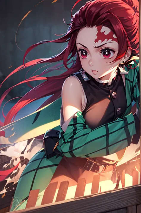 (masterpiece), best quality, expressive eyes, perfect face, highres, (female1.5), 1 girl, solo,(Tanjiro), (OriginalOutfit), (Scar,Scar on forehead, Checkered Clothes, 1Girl, Red Hair), (long red hair),(black and green plaid coat),(black pants), fantasy bac...