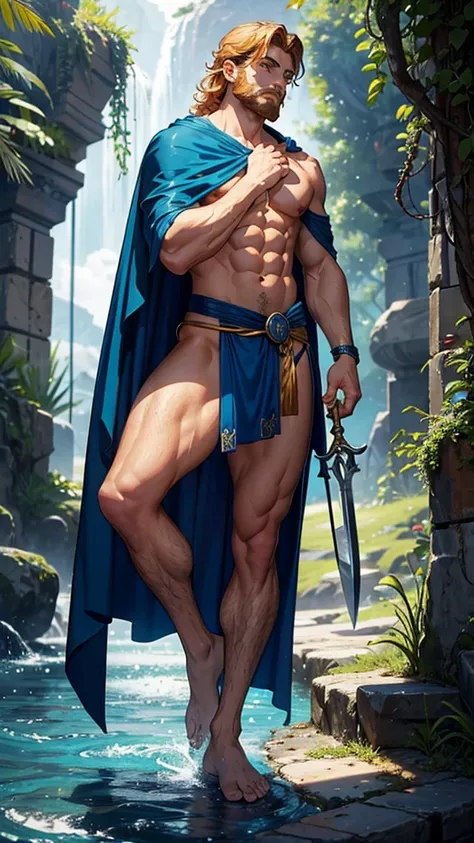 Poseidon Knife,a Greek man god with brown hair and beard with some white hair, carrying a trident, he will be tall,stark,with muscles so thick and enormous that they are about to leave the body,virile and very masculine wearing ancient Greek costumes and l...