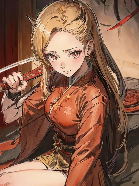 A beautiful young woman with short light brown-blonde hair and a mix of blonde and brown eyes, wearing the standard Demon Slayer Corps uniform. She has a red haori with a pattern on it, and a large plus-shaped scar in the middle of her forehead, with bangs...