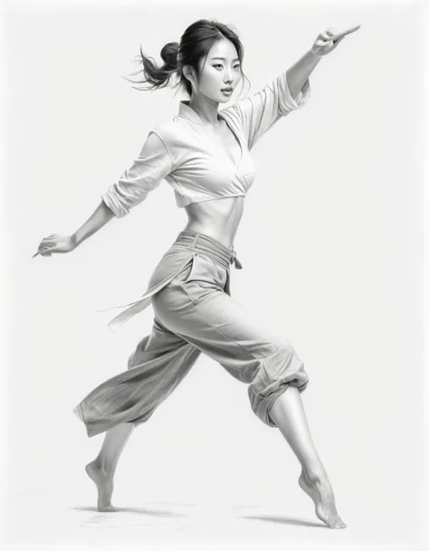 Graphite pencil drawing, 30yo Chinese woman, action pose, full body, without clothes, white background