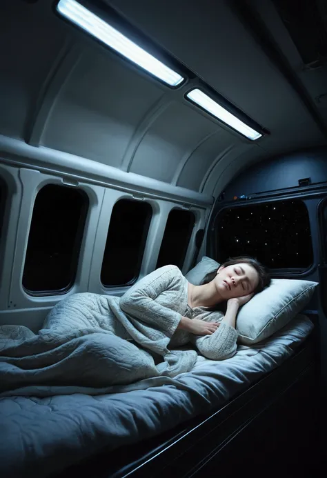 The fear within, Sleeping woman in a cozy bed, Sleeping woman in the interior of a minibus, pillow, blanket, Large windows, Transparent ceiling, night, Dramatic Light, late night , Super detailed, Accurate, 最high quality, Super detailed, Anatomically corre...