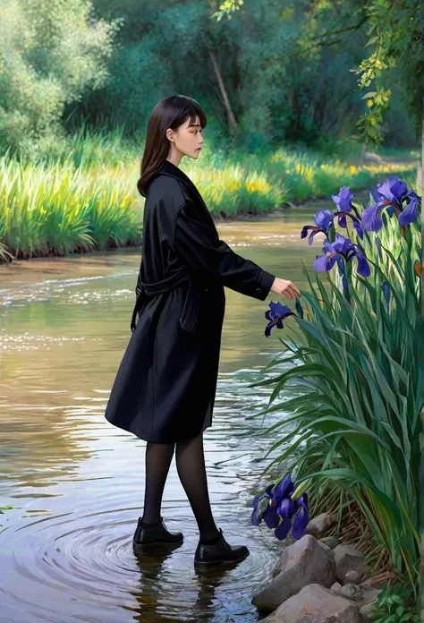 Walking river bank, loose black jacket, perfect hands, high detail, high quality, best detail, perfect irises