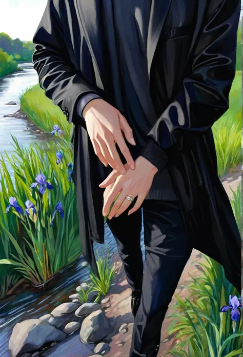 Walking river bank, loose black jacket, perfect hands, high detail, high quality, best detail, perfect irises