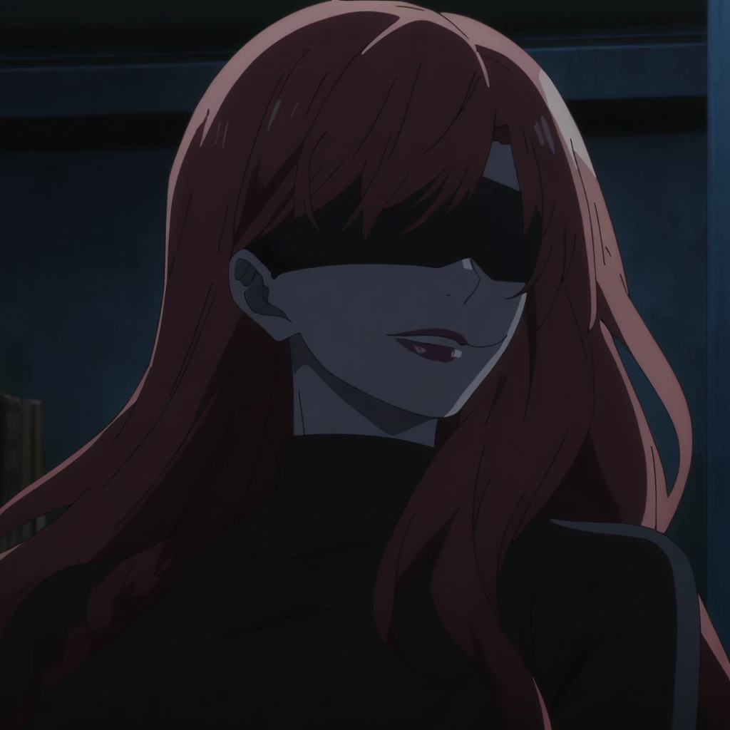 1girl, female gojo satoru, anime screencap from jujutsu kaisen, gojo satoru female version, solo, very long_hair, ((smooth texture hair)) ((black blindfold)), ((very long red_hair)), night view, breasts, upper_body, smile, indoors, book, bangs, lips (( ver...