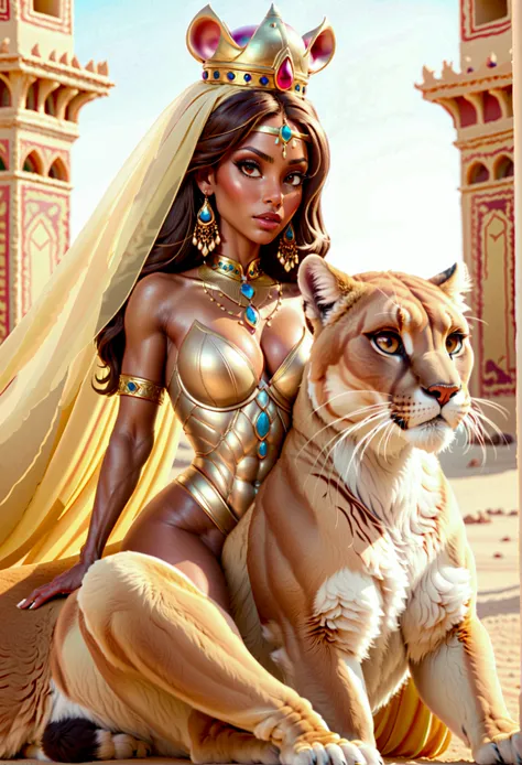 Arafed picture of a desert princess  and her pet cougar in her palace high details, best quality, 16k, f a female human princess and her pet cougar, princess of the desert, full body, ((anatomically correct: 1.5)) ((standing: 1.5)) proudly royalty demeanor...