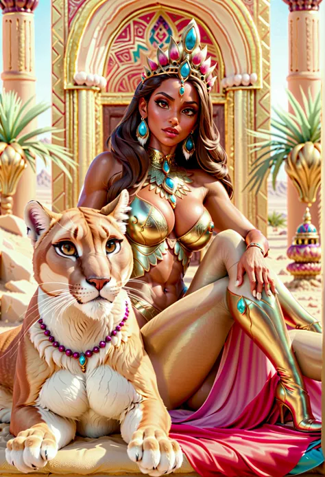 Arafed picture of a desert princess  and her pet cougar in her palace high details, best quality, 16k, f a female human princess and her pet cougar, princess of the desert, full body, ((anatomically correct: 1.5)) ((standing: 1.5)) proudly royalty demeanor...