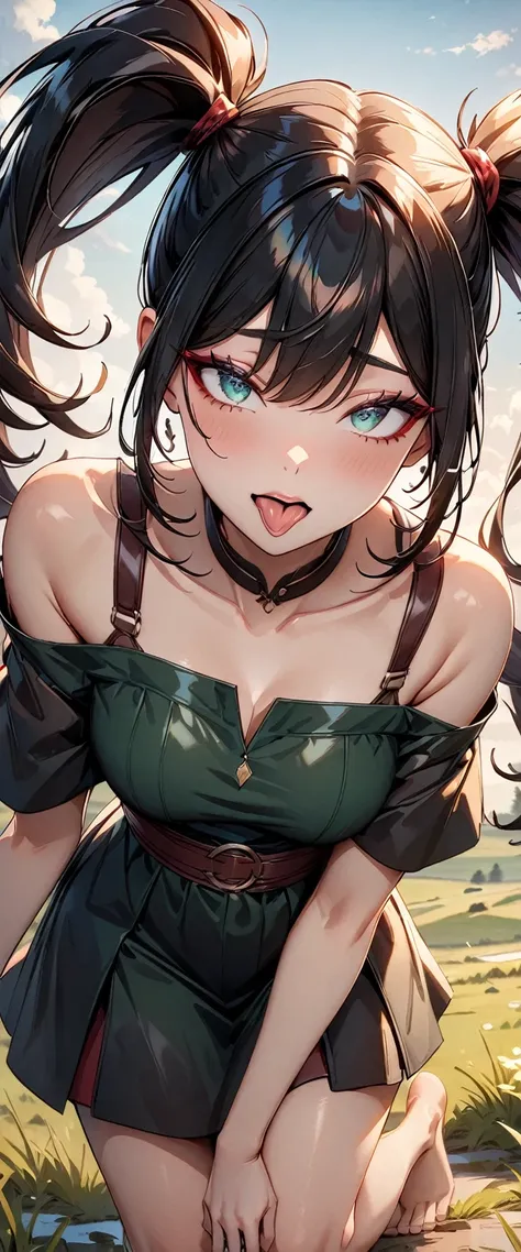 Photo of a woman with natural skin, grassland, Upper Body, Ahegao, Sticking out tongue, High Twintails, Black hair with red mesh, Sharp eyes with red eyeshadow, Blue-green eyes, Shining eyes, A thin, upturned nose, Well-shaped lips, ((Black off-the-shoulde...