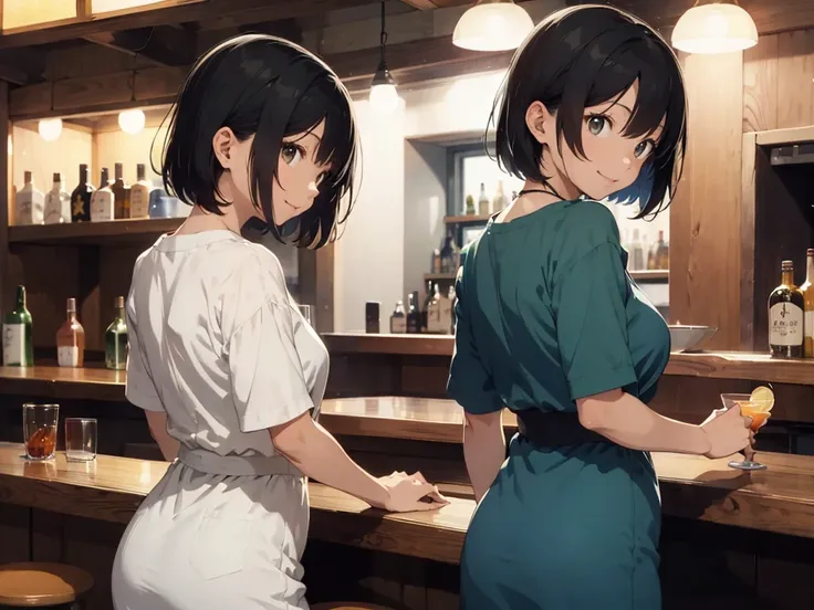 There is one person，Mature Japanese Woman，40 years old，Black Hair，short hair，Light green dress，Have a cocktail，Cocktail: Blue Hawaii，Western-style bar，Retro Bar，Narrow bar，Dark Bar，There are no other customeridnight，quiet night，Wooden bar counter，A half-sm...