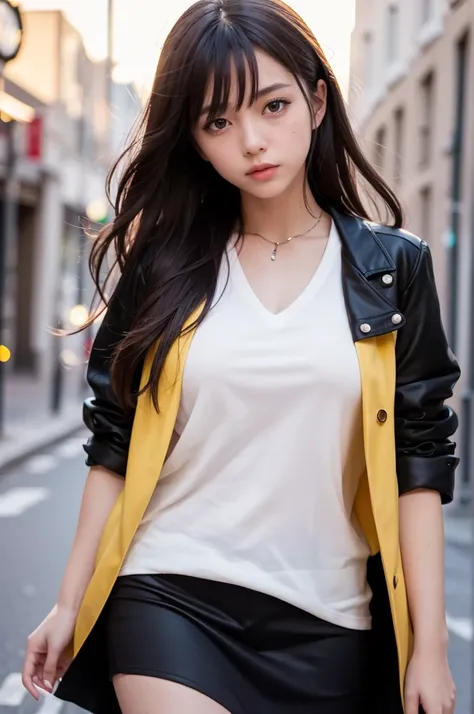 One girl, Exquisite detail, masterpiece, Highest quality, Very detailed,Cinema Lighting, Beautiful sparkle, Beautifully detailed face and eyes, 8K, Dark intense shadows, Yellow Eyes, Medium Hair, Black Hair, bangs, Floating Hair, Black jacket, Open jacket,...