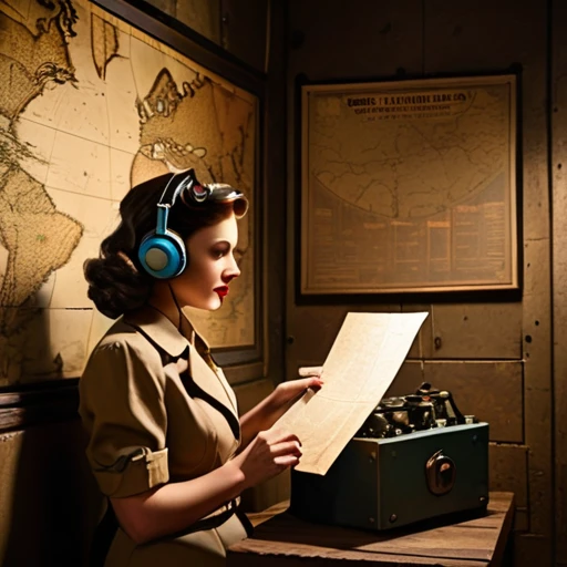 40s，The underground  used a telegraph machine to send messages in a dark tunnel，Female spy wearing headphones，underground combat headquarters，Old map hanging on the wall，