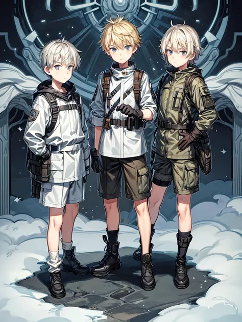 They are 12-year-old boys twin blondes with silver eyes. One has an energetic and curious expression, dressed in rugged survival attire. Another one appears more serious and focused, also dressed in practical survival gear with a pragmatic touch. it has to...