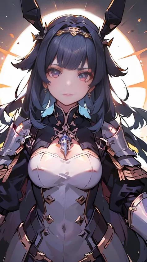 black hair, hair behind ear, head wreath, rabbit ears, anime, sparkle, super detail, high details, ((detailed face, detailed eyes)), textured skin, ((masterpiece)), ((accurate)), high quality, highres, best quality, 8k, Knight in steel armor, Gained milita...