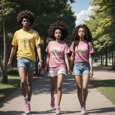 two brunette teenagers with afro hair are walking together in a park, one has a pink t-shirt that says Ruth and has dreadlocks and the other has a yellow t-shirt that says : "Deborah"and he has afro hair, anime 