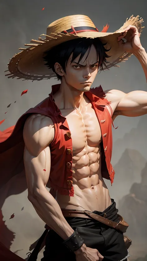 The wallpaper features Luffy from One Piece in an intense action pose. The background is a gradient of deep black transitioning to a vivid red. Luffys iconic straw hat casts a shadow over his determined eyes, giving him a fierce look. His red vest stands o...