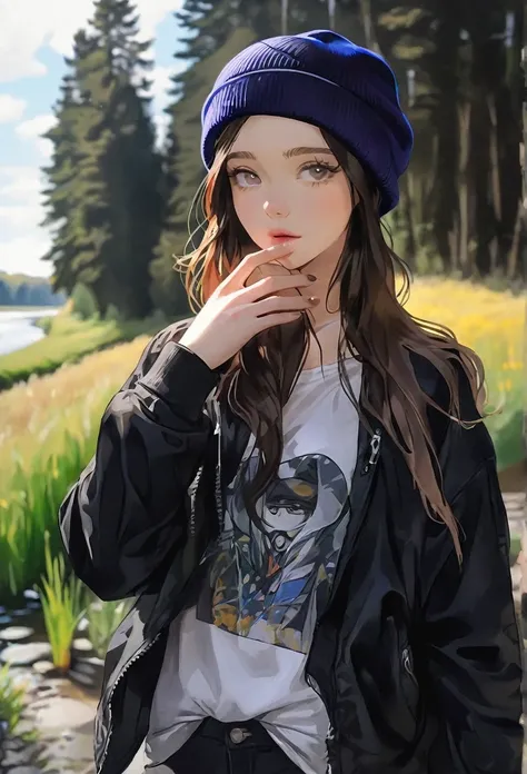 Walking river bank, loose black jacket, perfect hands, high detail, high quality, best detail, perfect irises, beanie, hipster, adult female, beanie, calm demeanor