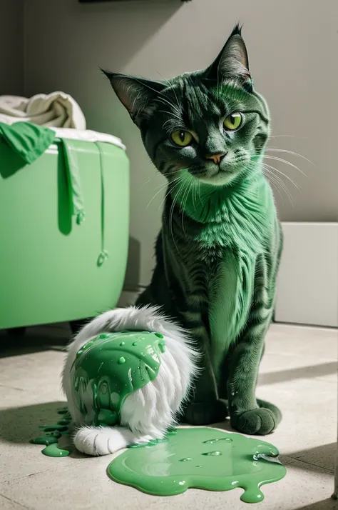  The image features a cat with a diaper that has green gooey liquid coming out of it.