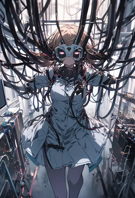 Anime girl. She wears a VR Mask and has a lot of cables attached to her skin, She Is floating in an empty laboratory