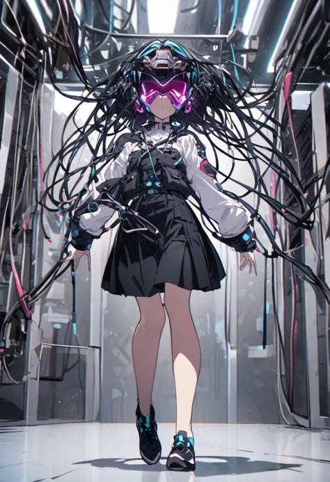 Anime girl. She wears a VR Mask and has a lot of cables attached to her skin, She Is floating in an empty laboratory