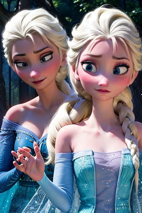 elsa, frozen, cabelos compridos, cabelos brancos, olhos azuis, olhos azuis claros, vestido azul, cenário de neve, sem dedos extr...