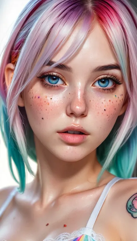 ((ultra detailed)),((Bright eyes)), (Detailed eyes), 8k, blink blink, (The Little Faux Freckles Makeupgirl), ((realistic skin)), ((focus detailed 2 straps on the shoulders of dress)) , ((shiny white facial skin)), with colorful hair and a colorful dress, r...