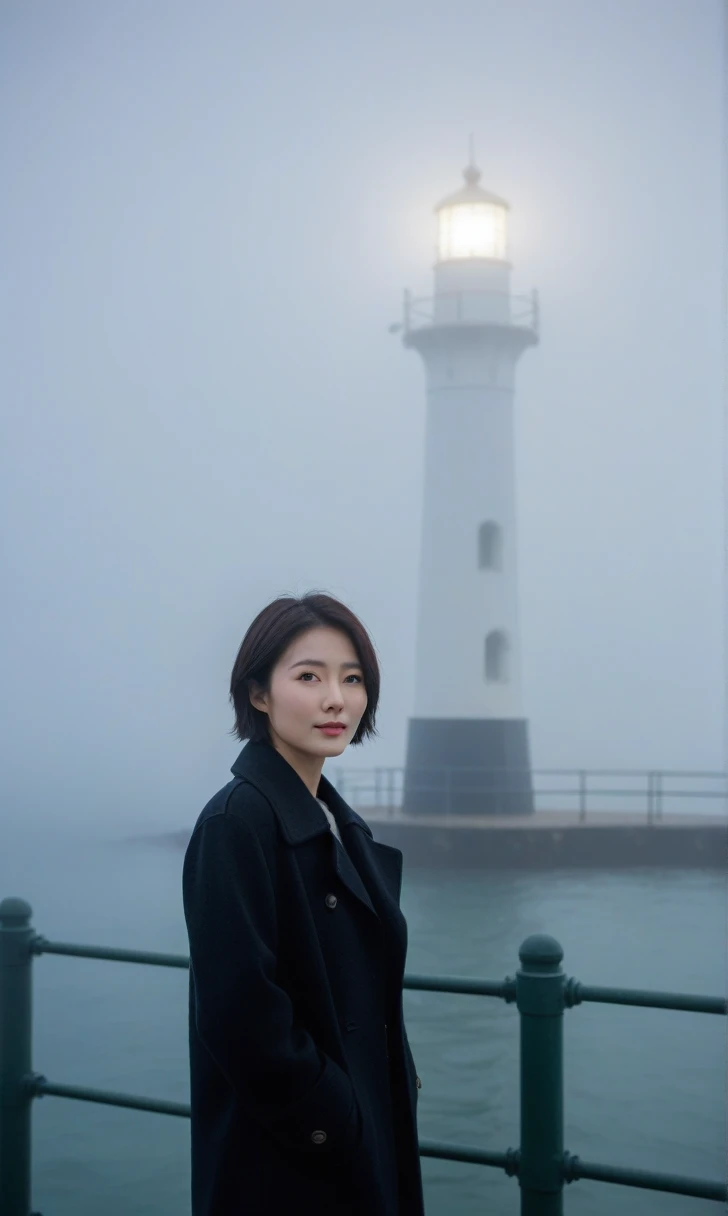 Beautiful 36-year-old Korean woman, Short hair, black coat, 멀리 Fog속 lighthouse, cool,rain,blur,Fog,middle,cool,boring,,pier,Only,lighthouse,Coast, The dim light shines in the Fog,and the figure stands in the Fog holding . Full body shot with Canon camera 1...