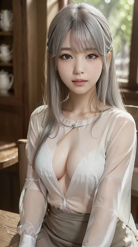 ((high quality)),Tabletop, RAW PHOTO, (Detailed depiction of the site:1.2), Beautiful girls, one girl, soft smile, (sheer shirt:1.3),Enchanted Valley, Mouth closed, Long eyelashes, look away, Portraiture, Upper Body, white hair, Gray Theme, (long hair:1.4)...