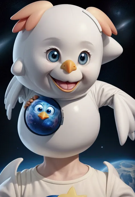 A happy and cute chicken with short hair, wearing a space costume, , White background, the , tom, Pixar-style, ....3d, Cartoon s, face detailed, asymmetric 16k