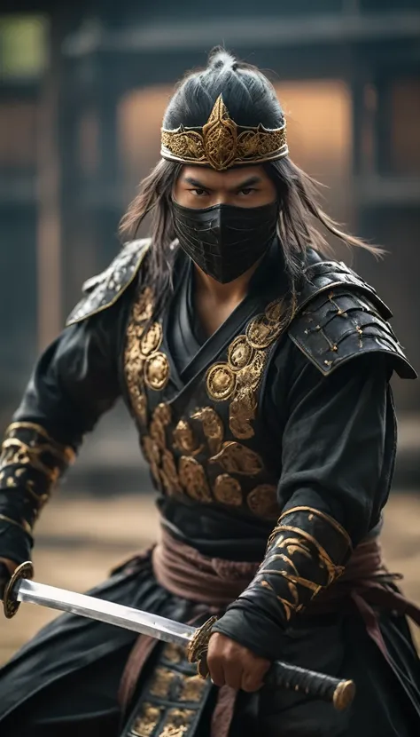 strong, focused, fearless, stealthy, black ninja outfit, samurai sword, traditional armor, mask, piercing eyes, agile, battle at...