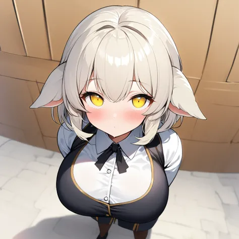 1girl,solo,roll angle,sheep ear,White fluffy hair,Short hair with a lot of hair,light yellow eye color,Calm face,docile face,blush,huge breasts,slender,Vertical lines academy uniform,short stature,looking at viewer,Taken from the viewpoint above,upturned e...