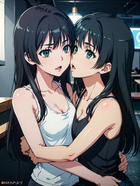 Kiss, hug, (High resolution:1.4), (masutepiece:1.2), (High quality:1.3) 1girl, saten ruiko, green eyes, long hair, black hair, small breast, tank top, hot pants, cinematic lighting,  pov, dynamic angle, nsfw, 