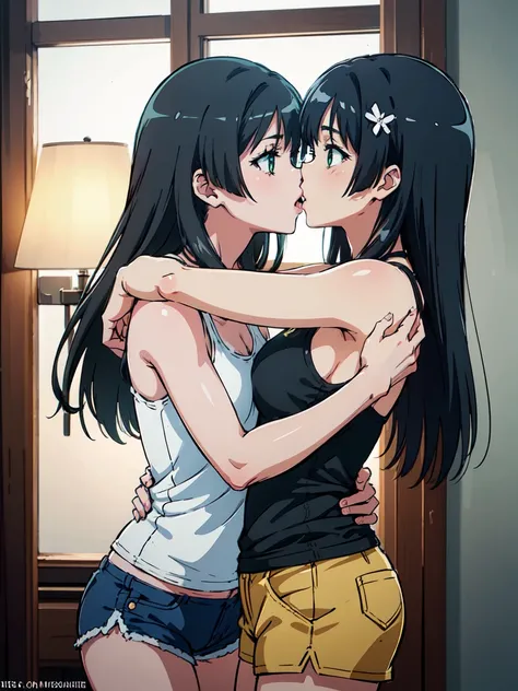 Kiss, hug, (High resolution:1.4), (masutepiece:1.2), (High quality:1.3) 1girl, saten ruiko, green eyes, long hair, black hair, small breast, tank top, hot pants, cinematic lighting,  pov, dynamic angle, nsfw, 