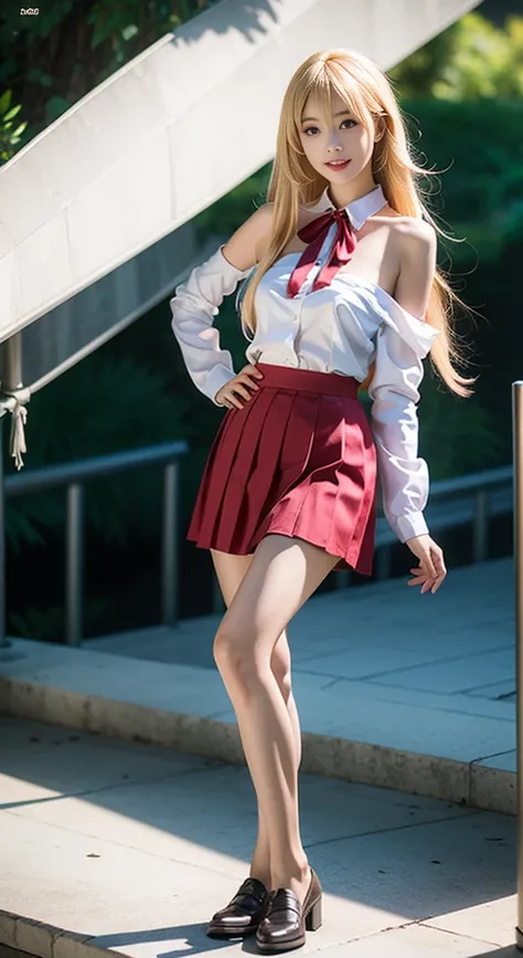 doma umaru, 1girl,cosplay, 独奏,,
very long hair, parted bangs,blonde hair,
red neck ribbon,white collared shirt,long sleeves, red pleated skirt, black thighhighs, loafers, ((Bare shoulders)), ((Full breasts)), ((The skirt is short)), ((Sexy legs)), ((knee s...