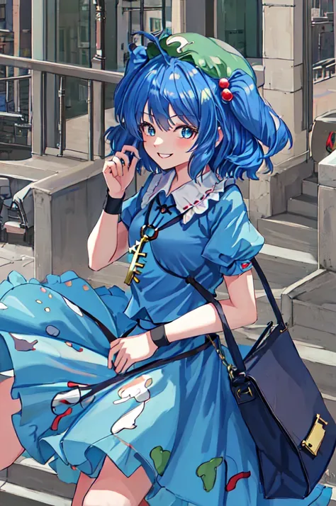 best quality, masterpiece, high resolution, Solitary, {Kawayo_because_touhou:1.15}, blue_hair, hair_Decorations, hair_Beaubourg, two_side_up, blue_Eye, have, short_hair, key, Smile, Bag, 背Bag