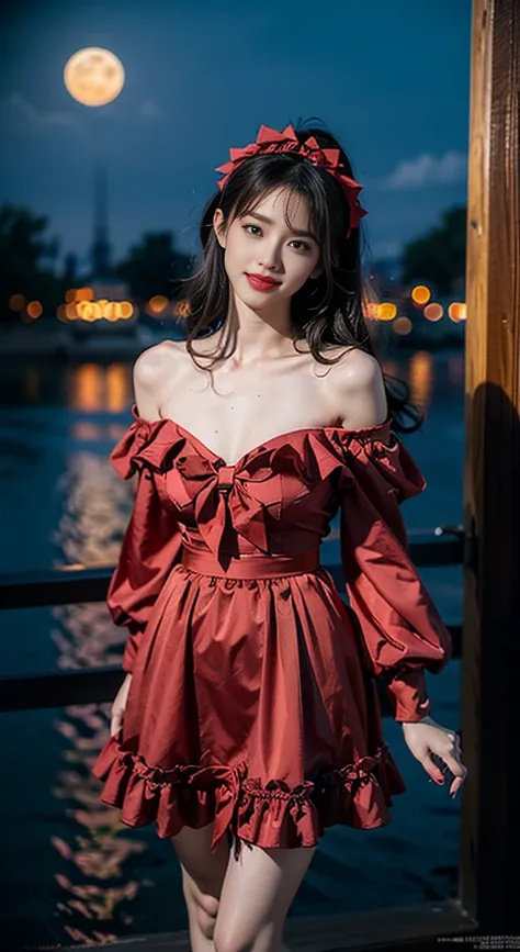 cyb dress, frilled dress, frills, gothic, bow, long sleeves, ((Bare shoulders)), ((Full breasts)), ((The skirt is short)), ((Sexy legs)), ((knee shot)), ((Standing, Elegant posture)), zydG, Practical, Fashion Girl, Red lips, Mature women, Exquisite makeup,...