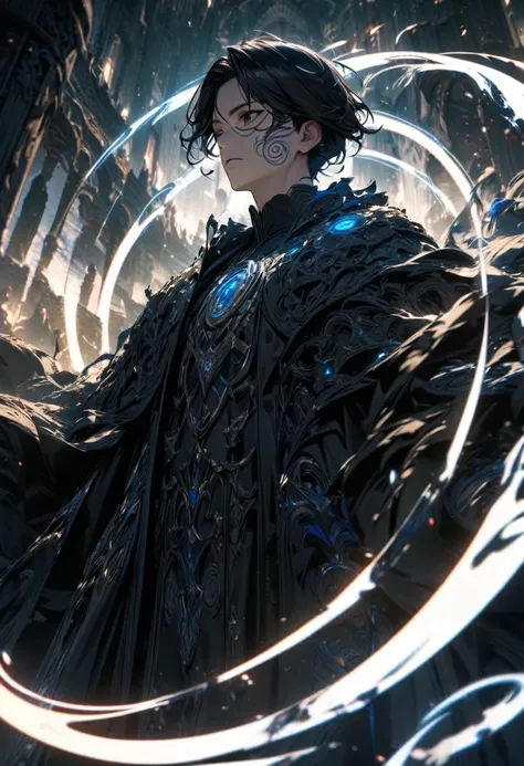 a handsome man with short black hair and black eyes, detailed facial features, wearing intricate robes, standing in a magical circle with swirling blue and white auras, (best quality,4k,8k,highres,masterpiece:1.2),ultra-detailed,complex fantasy scene,dark ...