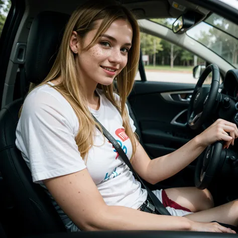 1girl, solo, long hair, looking at viewer, smile, blonde hair, shirt, lips, ground vehicle, t-shirt, motor vehicle, freckles, realistic, car, car interior, seatbelt