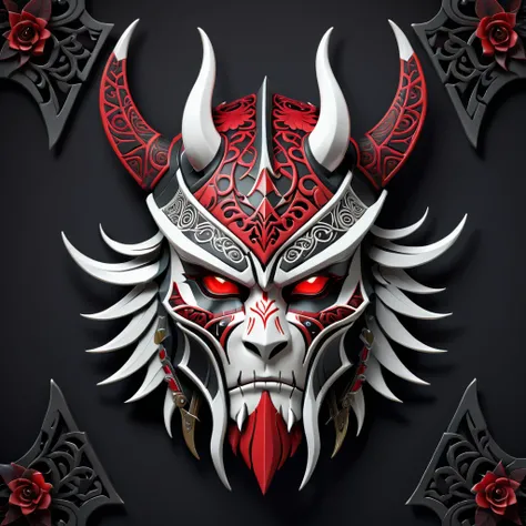 The image shows the face of a stylized beast in red, black and white. The beast displays a menacing look with crossed swords entering its mouth and piercing its head. Above the creatures head is a decorative helmet, and the bottom of the image is adorned w...