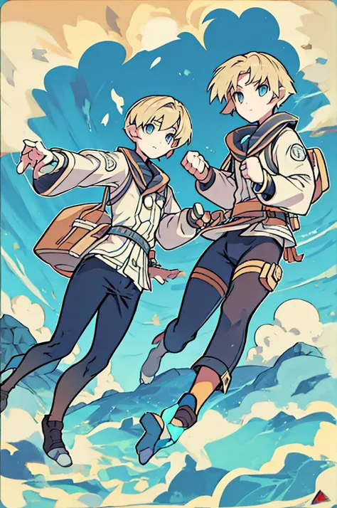 They are 12-year-old boys twin blondes with silver eyes. One has an energetic and curious expression, dressed in rugged survival attire. Another one appears more serious and focused, also dressed in practical survival gear with a pragmatic touch. it has to...