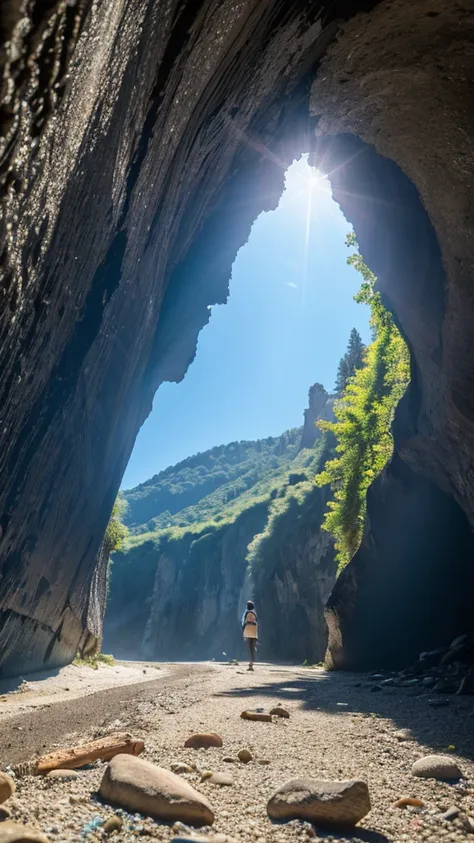 there is a rainbow in the sky over a beach with rocks and pebbles, seashore, Alpine Forest Landscape Photo，Steep mountain roads，Clear and transparent lake，wood，Bushes，Fallen leaves，Dawn Sun，Kasumi，Cliffs and mountains，Dilapidated，Lonely，cold，Foggy sky，Not ...