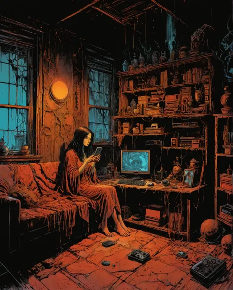 tech-savvy witch - inspired by hayao miyazaki:

subject: a modern witch using a smartphone and tech gadgets
scene: cozy urban ap...