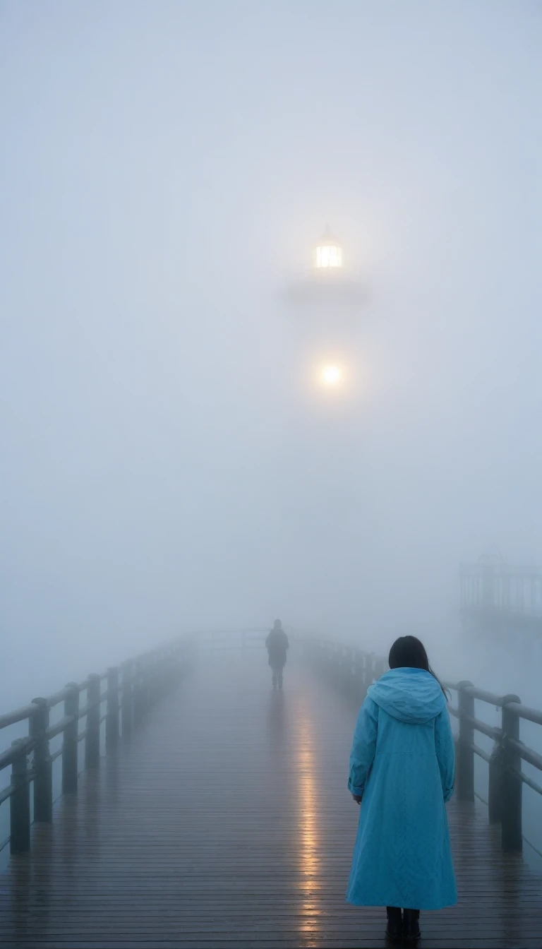 girl,짧은 middle 머리. cool,rain,blur,Fog,middle,cool,boring,,pier,Only,lighthouse,Coast, The dim light shines in the Fog,and the figure stands in the Fog holding an umbrell