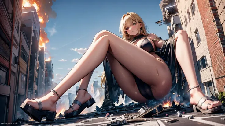 Giantess with firm , long sexy legs, yellow hair and in a bikini is lying on the ground, while the city at her feet burns in flames for the destruction she has caused, while the tiny people climb on her body to try to defeat her uselessly. Giantess, goddes...