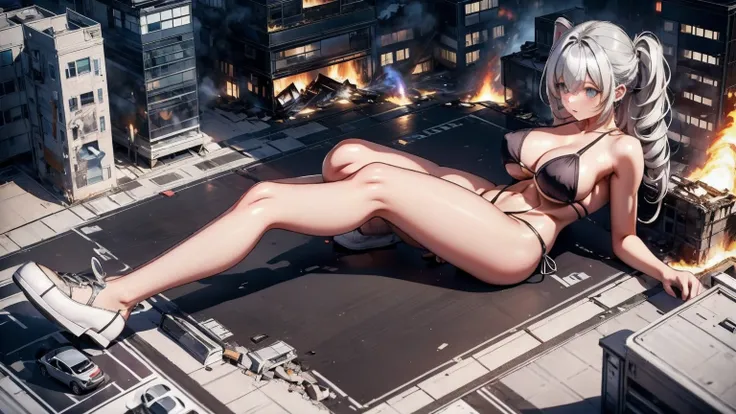 Giantess with firm , long sexy legs, yellow hair and in a bikini is lying on the ground, while the city at her feet burns in flames for the destruction she has caused, while the tiny people climb on her body to try to defeat her uselessly. Giantess, goddes...