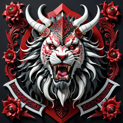 The image shows the face of a beast, a creature like a lion, in red, black and white. The beast displays a menacing look with crossed swords entering its mouth and piercing its head. Above the creatures head is a decorative helmet, and the bottom of the im...