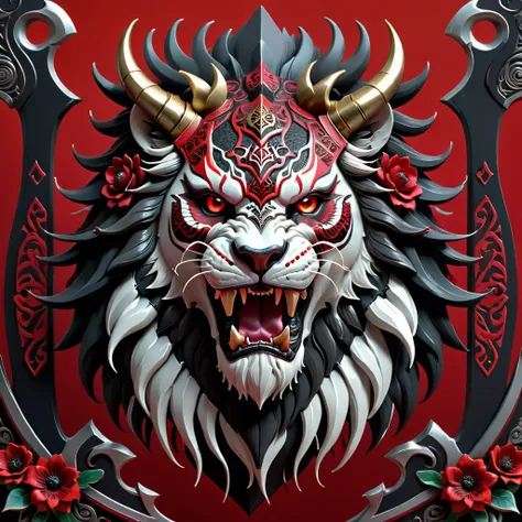 The image shows the face of a beast, a creature like a lion, in red, black and white. The beast displays a menacing look with crossed swords entering its mouth and piercing its head. Above the creatures head is a decorative helmet, and the bottom of the im...